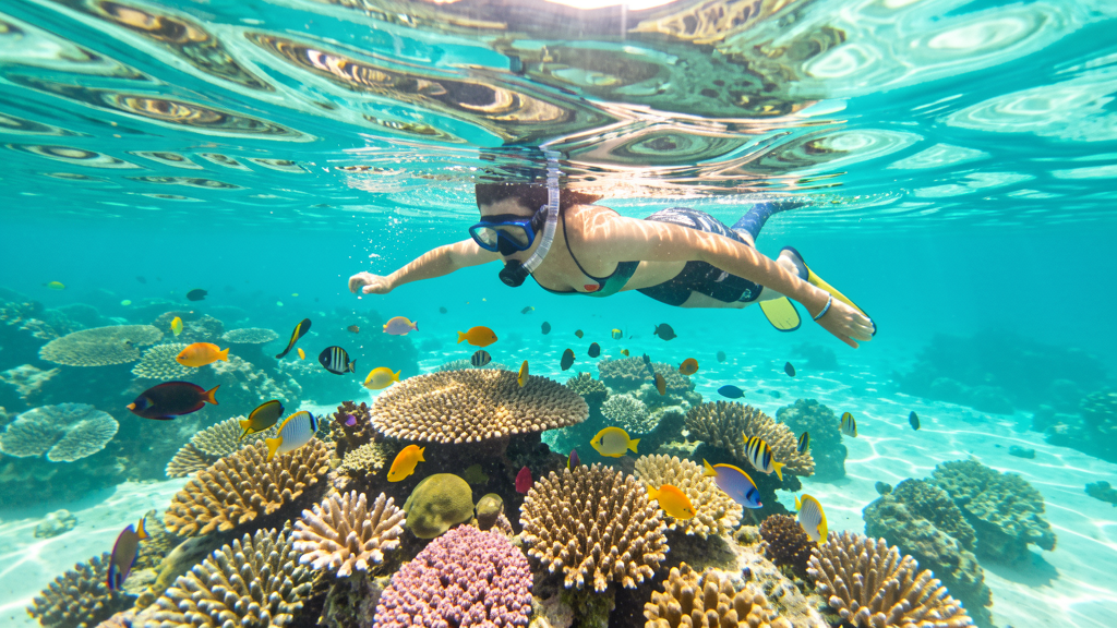 Snorkeler above coral reef at Dos Palmas